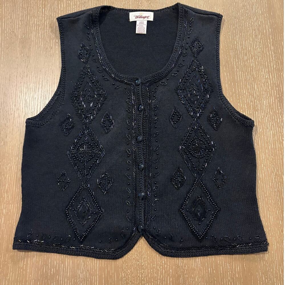 Vintage Worthington Beaded Vest Knit Womens Button LARGE Black Holiday Party 90s